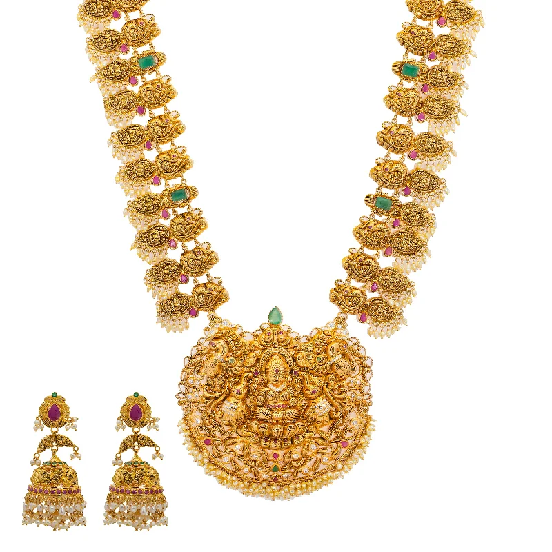 personalized gold bar necklace 22K Yellow Gold, Gem, CZ, and Pearl Temple Necklace Set (153.11gm)