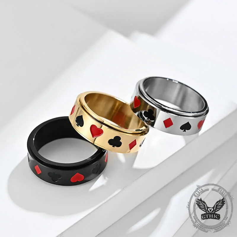 adjustable charm necklace Simple Playing Card Pattern Stainless Steel Spinner Ring